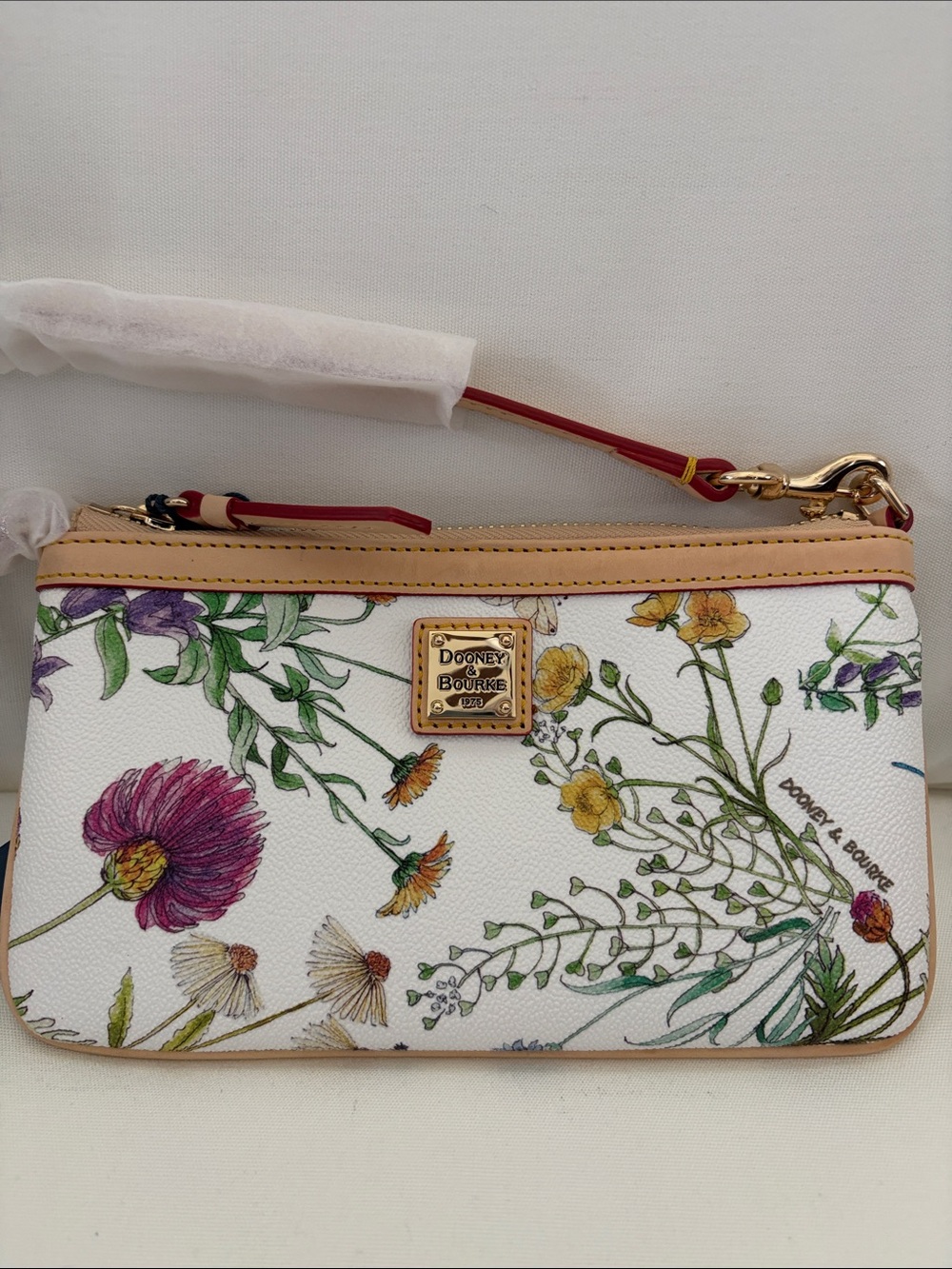 NWT - Dooney & Bourke White Floral Wristlet with Pink, Yellow & Green Accents